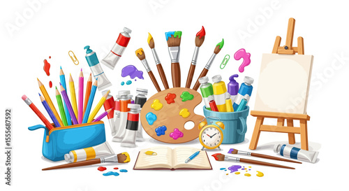 Colorful Art Supplies with Paintbrushes Pencils and Easel on White Background
