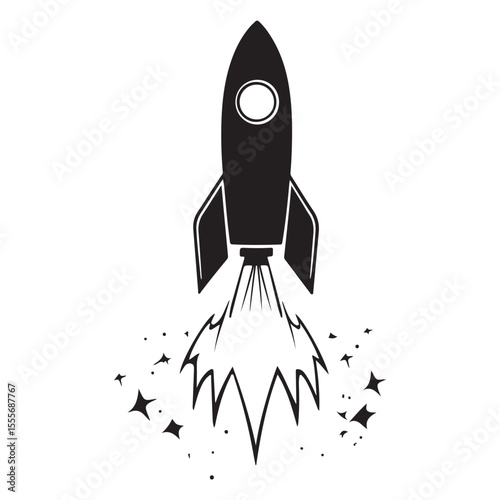 Realistic Flying rocket black and white drawing silhouette vector art design 