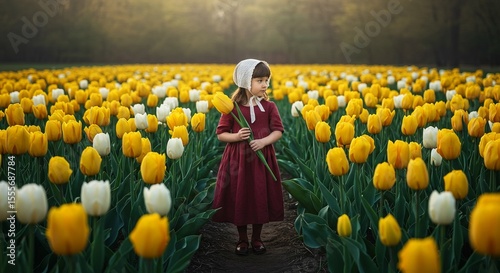 Girl Holding Yellow Tulip in Flower Field Wearing Red Dress and White Bonnet