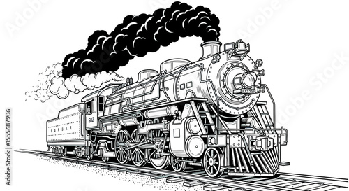 Vintage Black and White Steam Locomotive Emitting Smoke on Railroad Track
