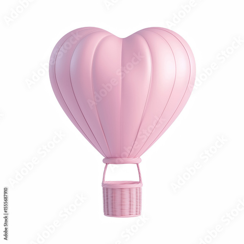3D render of a cute, chubby, short pink heart-shaped hot air balloon with a rounded basket, isolated on transparent background