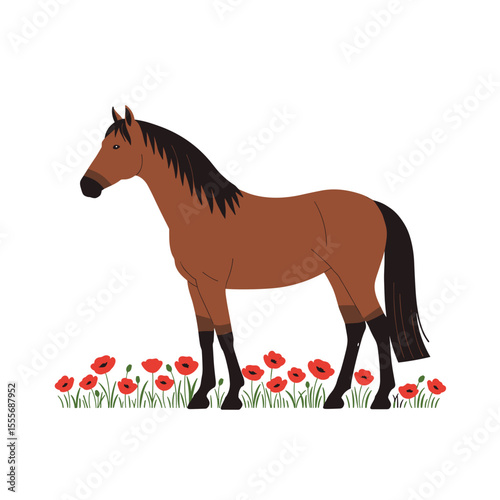 Brown horse standing among red poppy flowers in a field  