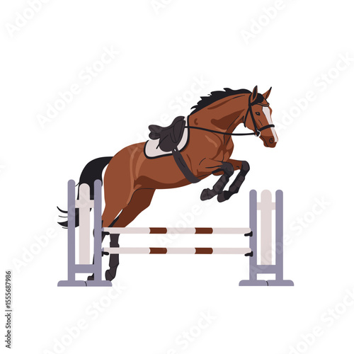 Brown horse jumping over a fence in equestrian sport setting  