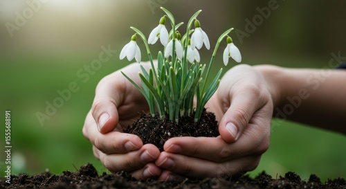 Hands Holding Fresh White Flowers with Dark Soil in Soft Natural Light