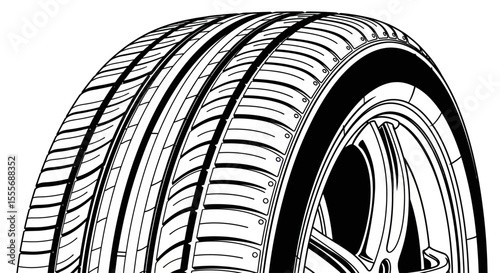 Black and White Detailed Car Tire Illustration with Tread Pattern and Rim

