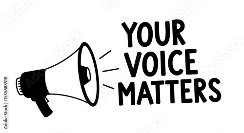 Black Megaphone Icon with Bold Your Voice Matters Text on White Background
