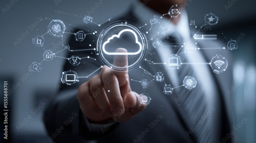 Fototapeta premium A dynamic visual of a businessman engaging with cloud computing and digital transformation tools. Generative AI