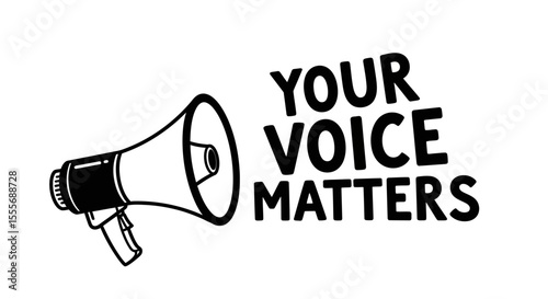 Black Megaphone Icon with Your Voice Matters Text on White Background
