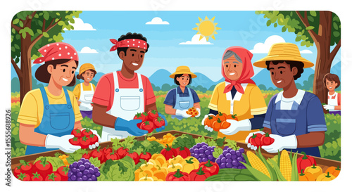 Group of Diverse Farmers Harvesting Fresh Colorful Vegetables on Sunny Day in Outdoor Farm
