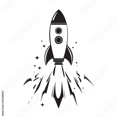 Realistic Flying rocket black and white drawing silhouette vector art design 