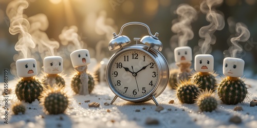 Whimsical Surreal Photo of Vintage Clock Surrounded by Marshmallow-Topped Cacti