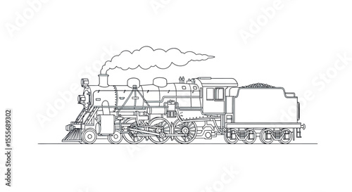 Vintage Steam Locomotive Detailed Black Line Drawing with Smoke on White Background
