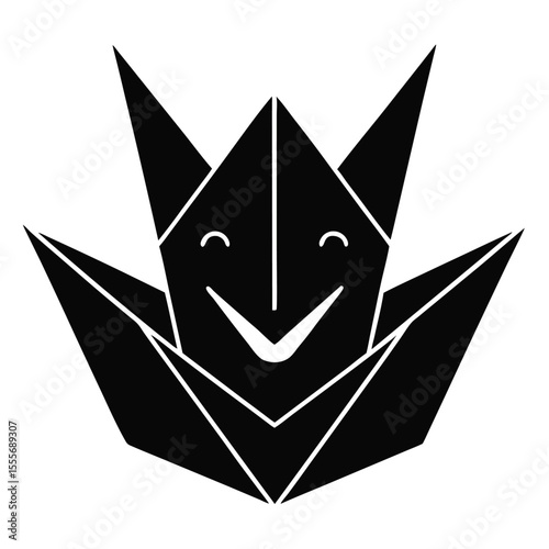 Origami crane smiling face black icon on white background.