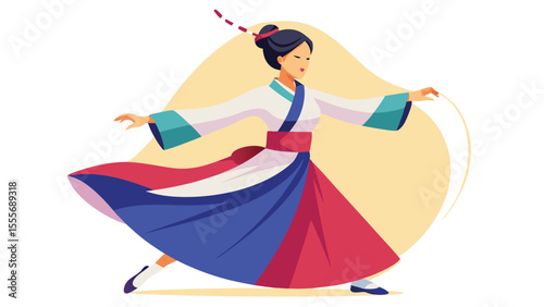 Woman in traditional dress performing a graceful dance pose landscape illustration