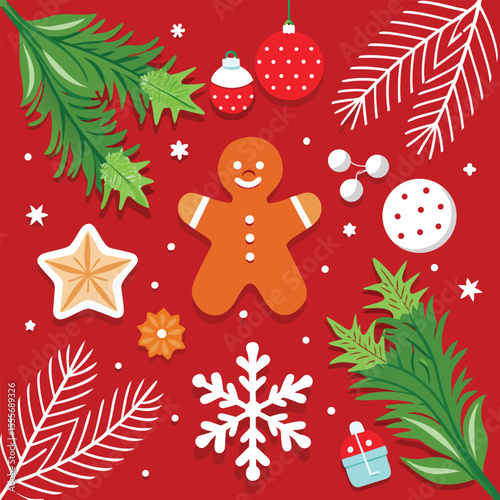 Red Christmas gingerbread background. Xmas design with winter cookies, fir branches, snowflakes and snow. Empty space for your text. Template for cards, banner, poster.
