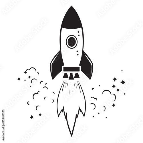 Realistic Flying rocket black and white drawing silhouette vector art design 