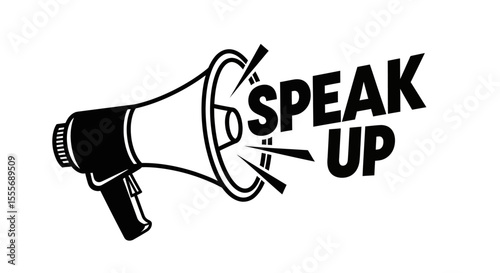 Black Megaphone Icon Emitting Bold Speak Up Text on White Background
