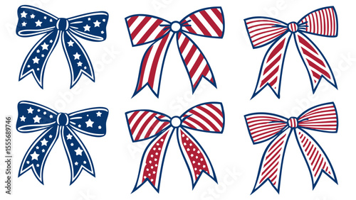 Collection of patriotic bows in red white and blue with stars and stripes patterns design