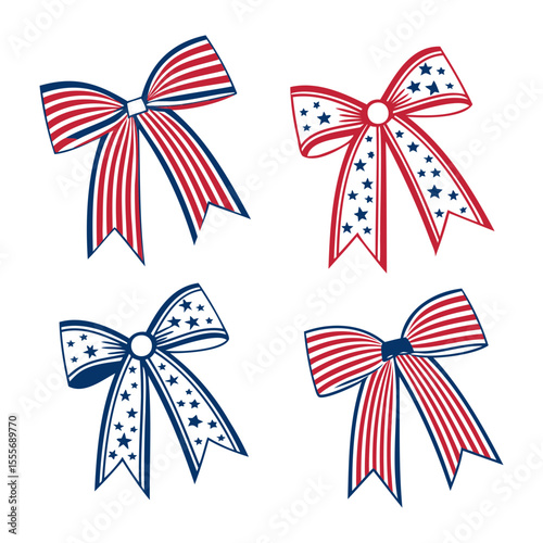 Collection of four patriotic bows with stars and stripes in red white and blue colors