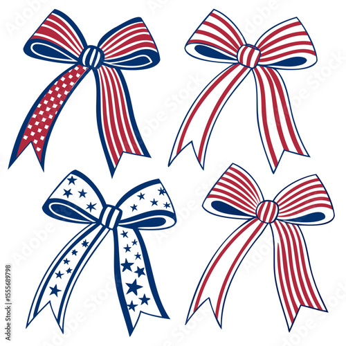 Four patriotic bows with red and white stripes and stars on a white background design