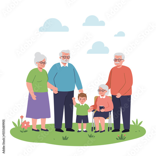 Elderly couple with grandchild and caregiver smiling in outdoor garden  