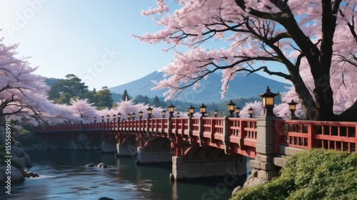 A peaceful scene of a photorealistic closeup image of cherry blossom tree-long lined bridge stretching over a tranquil slow flowing pleasefull river