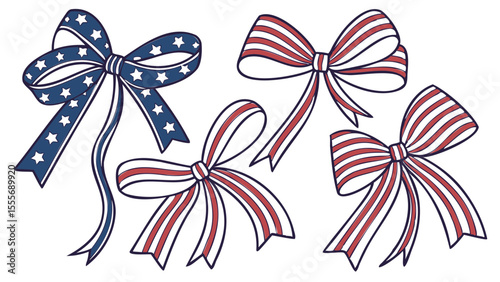 Illustration of five patriotic bows featuring stars and stripes designs arranged together