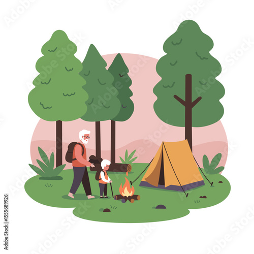 Grandparents camping with child by tent and campfire in forest  