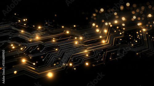 A sleek abstract composition featuring a black background adorned with flowing gold digital circuitry. Generative AI