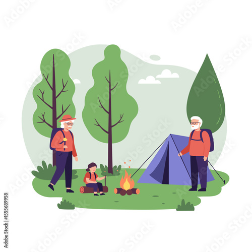 Grandparents camping in forest with child near tent and campfire  