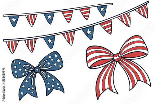 Patriotic themed illustration featuring bunting banners and decorative bows in red white and blue