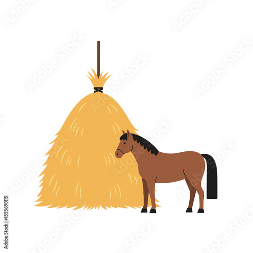 Horse standing beside a haystack in a simple illustration  