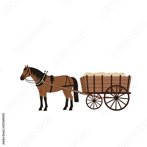 Horse pulling wooden wagon with hay in simple flat design  