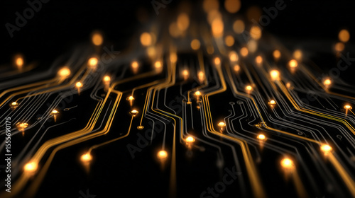 A sleek abstract composition featuring a black background adorned with flowing gold digital circuitry. Generative AI