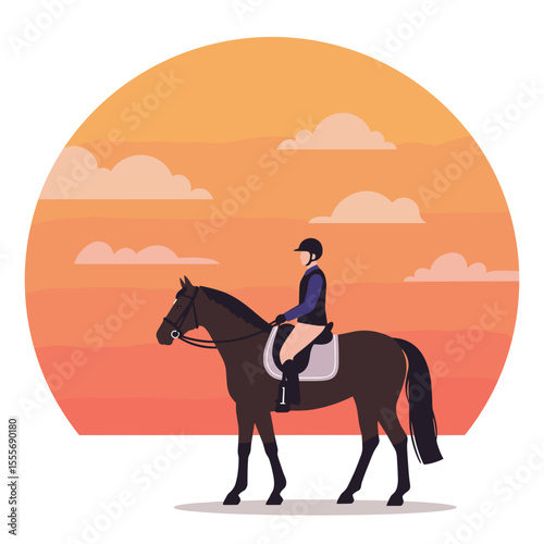 Rider on horseback during sunset with colorful sky backdrop  