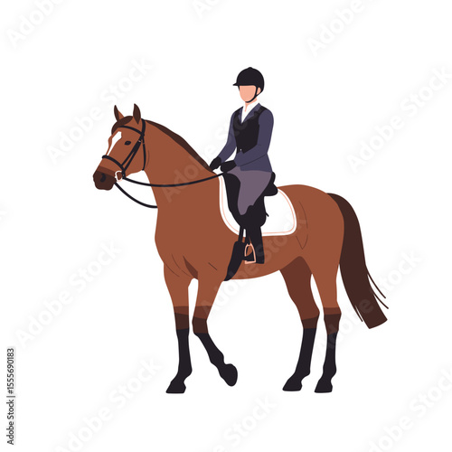 Equestrian rider in riding gear sitting on chestnut horse  