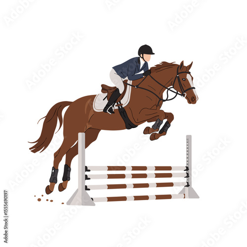 Rider jumping over a hurdle on a chestnut horse in motion  