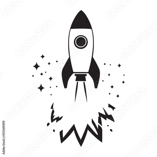 Realistic Flying rocket black and white drawing silhouette vector art design 