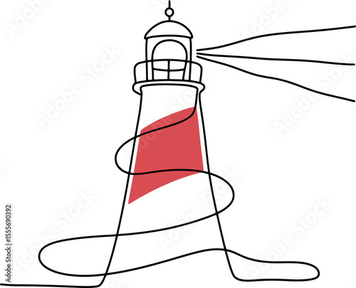 Lighthouse with Red Stripe and Light Beams