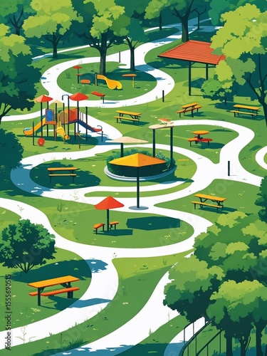Modern public park landscape with playground picnic areas and winding pathways