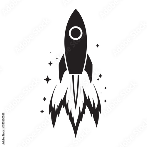 Realistic Flying rocket black and white drawing silhouette vector art design 