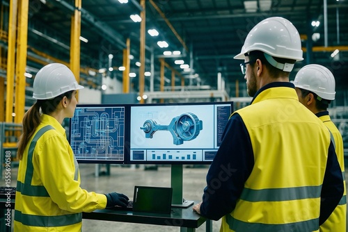 Engineers in safety helmets and vests analyze a 3D mechanical model and technical schematics on dual monitors. Concept of modern manufacturing and digital engineering.