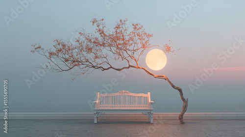 A photorealistic 8K surreal scene capturing a delicate tree branch gently cradling the full moon between its twigs, set against a tranquil twilight sky with soft, dreamy hues. Generative AI