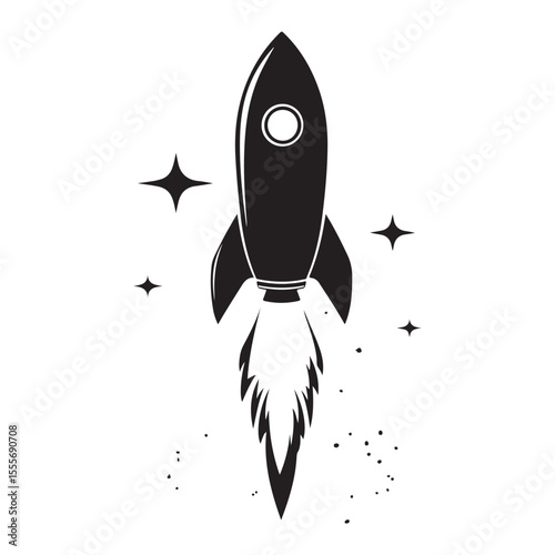 Realistic Flying rocket black and white drawing silhouette vector art design 