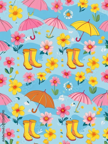 Bright Spring Shower Motif Adorned with Playful Umbrellas Rubber Boots and Happy Flowers
