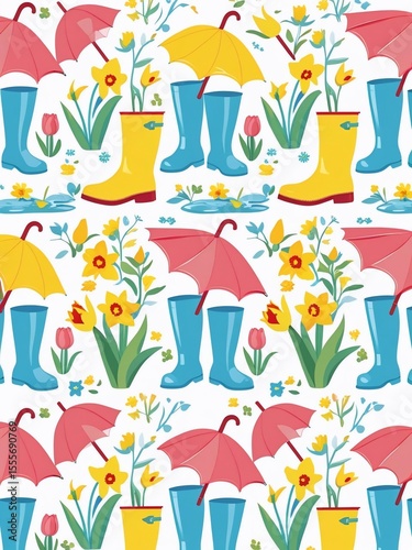 Whimsical Spring Day Motif Umbrellas Boots and Flowers in a Rainy Garden