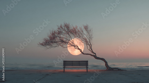 A photorealistic 8K surreal scene capturing a delicate tree branch gently cradling the full moon between its twigs, set against a tranquil twilight sky with soft, dreamy hues. Generative AI