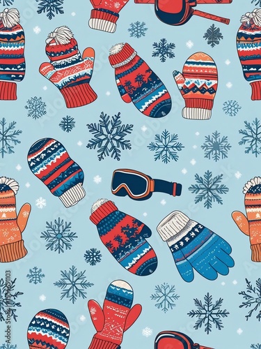 Cozy Winter Mittens Snowflakes and Ski Goggles Pattern Festive Blue