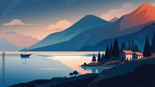 A scenic view of mountains lake and a boat at the horizon line landscape illustration