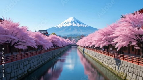 A beautiful blend of Japanese architecture with stone bridges and red railings, surrounded by the stunning pink blooms of cherry blossom trees. 